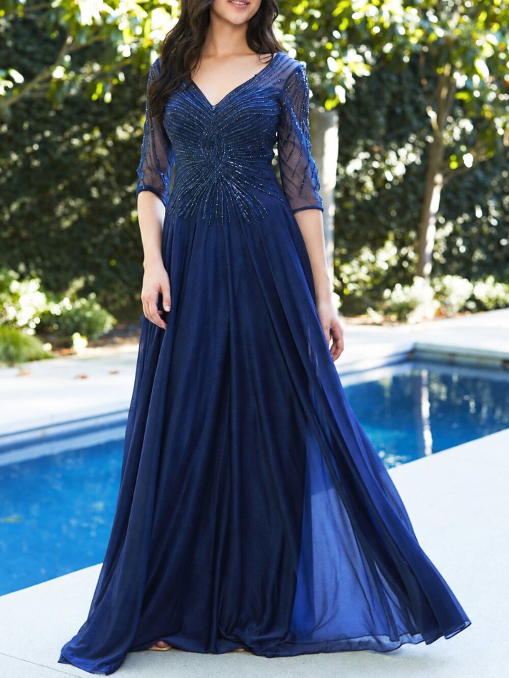 NAVY BLUE OR GOLD FORMAL MOTHER OF THE BRIDE GROOM DRESS. A LINE WITH SLEEVES